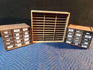 lot 205 image: 2) 15 drawer organizers with hardware and wood shelf organizer