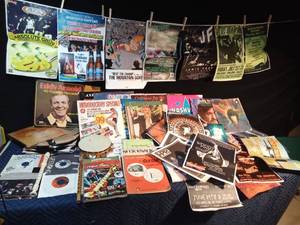 lot 243 image: Record albums, 45s, event posters, tambourine, flute recorders, music books