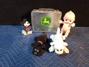 lot 256 image: John Deere lunch box, 2 Pound puppies, Mickey Mouse earring holder, and a cupid doll