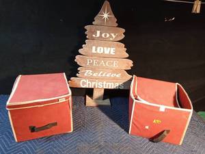 lot 261 image: Wood Christmas tree sign and 2 canvas covered storage boxes