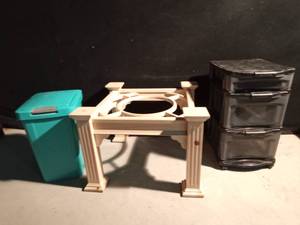 lot 275 image: 3 drawer storage organizer stand, table base, and garbage can with pop-up lid