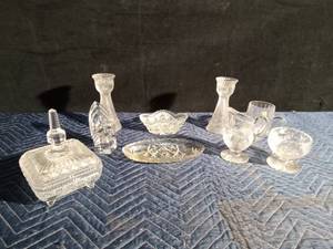 lot 281 image: Glass candy dish, relish dishes, candle holders, creamersugar, Mikasa Crystal glass