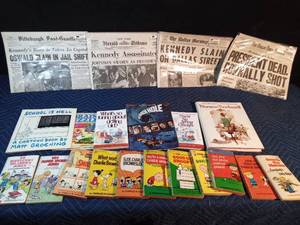 lot 287 image: Charlie Brown, joke, Norman Rockwell, Walt Disney books and newspapers about JFK assassination