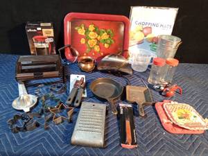 lot 302 image: 2 small cast iron pans, Vintage grater, metal tray, snack maker, coffee press, copper pot and more
