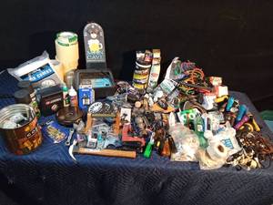 lot 310 image: Tote of tools, hardware, battery charger, tire air pump 1 78 ball and more