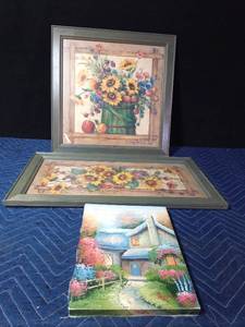 lot 330 image: 2 Floral prints by Barbara Mock and painting on canvas