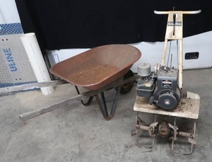 lot 20 image: WHEEL BARREL AND GARDEN TILLER