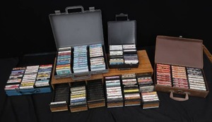 lot 75 image: WOODEN CASSETTE TAPE CABINET WITH CASSETTES