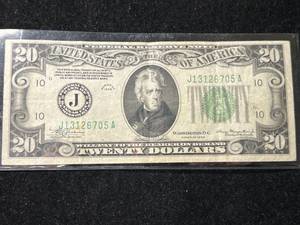 1934 US GREEN SEAL $20 FEDERAL RESERVE NOTE