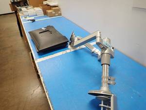 lot 75 image: Dual Monitor Stand with x2 Dell&nbspP2317H Monitors  Monitors have 23 screen with 1920 x 1080 HD Resolution  Includes power cables 