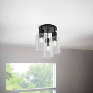 lot 5 image: Hampton Bay Sutton Place 14 in. 3-Light Matte Black Flush Mount, Farmhouse Ceiling Light  Customer Returns See Pictures