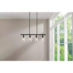 lot 6 image: Hampton Bay Regan 4-Light Espresso Industrial Linear Chandelier with Glass Shades, Industrial Linear Kitchen Pendant Light   Customer Returns See Pictures