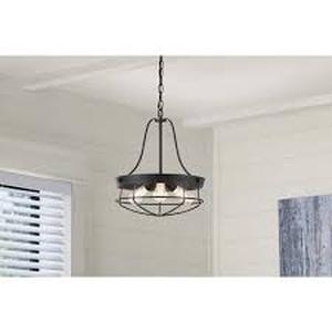 lot 7 image: Hampton Bay Southbourne 3-Light Matte Black Pendant with Open Steel Cage Frame   Customer Returns See Pictures