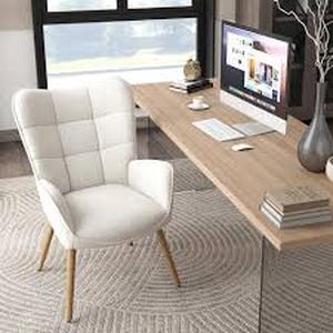 lot 36 image: Homy Casa KAN Modern Wingback Office Task Chair with Tufted Back, Soft Beige Fabric Seat, and Wood Legs   Customer Returns See Pictures
