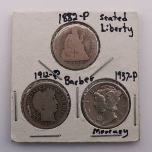 lot 52 image: Dime Lot of 3 - Seated Liberty, Barber Dime, Mercury Dime