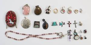lot 109 image: Sterling Silver Jewelry Lot of Necklace, Earrings, and Pendants - Quartz, Opal, Tigers Eye, Milky Quartz, Abalone