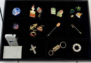 lot 218 image: Vintage Jewelry & Miscellaneous Pins Keychain Lighter Cufflinks