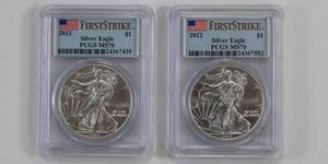 lot 291 image: 2012 Silver Eagle Lot of 2 PCGS - MS70