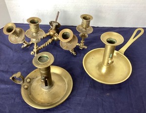 lot 65 image: Group of Vintage Brass Candlesticks & Wall Sconces