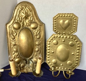 lot 66 image: Pair of Vintage Embossed Brass Wall Sconces