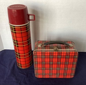 lot 214 image: Vintage Plaid Tin Lunchbox and Thermos