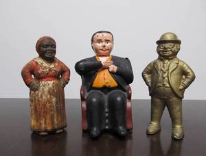 lot 25 image: Lot of 3 Figural Cast Iron Coin Banks