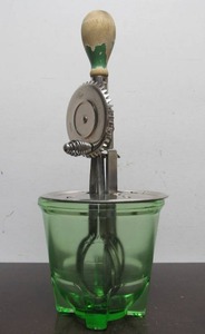 lot 54 image: Vintage 1930s era A&ampJ Egg Beat wGreen Glass Jar