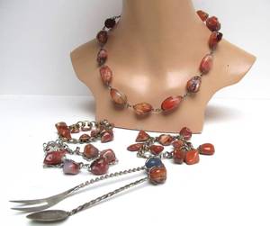 lot 73 image: Great Lot of Old Vintage 1930s era Wire Wrapped Agate or Carnelian Jewelry Spoons etc