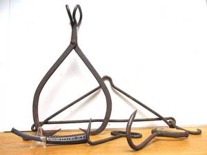 lot 75 image: Primitive Antique Iron Ice Tongs Hooks etc