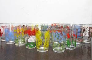 lot 105 image: LARGE Lot of 1950s Decorated Glass Small Tumblers  Juice Glasses etc