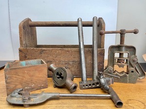 lot 210 image: 1930s era Handmade Wooden Tool Carrier Full of Old Tools