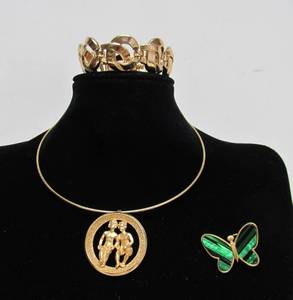 lot 229 image: Signed CROWN TRIFARI Pendant Necklace Enameled Butterfly Brooch & Bracelet