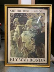 lot 1 image: HUGE Framed Original 1943 WW2 Poster - Norman Rockwell - Freedom of Religion