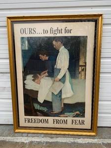 lot 4 image: HUGE Framed Original 1943 WW2 Poster - Norman Rockwell - Freedom From Fear
