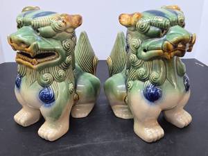 lot 421 image: Pair of Vintage Chinese Glazed Pottery Foo Dog Sculptures