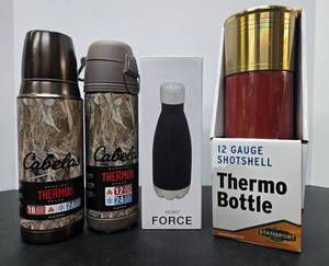 lot 325 image: 5 Brand New Thermoses  Thermo Bottles & Shotgun Shell Thermo Bottle 