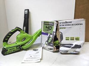 lot 357 image: Like-New or New GREENWORKS Chainsaw & Leafblower
