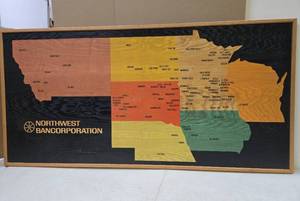 lot 374 image: LARGE Vintage Northwest US Wooden Advertising Bank Map Sign - Northwest Bancorporation