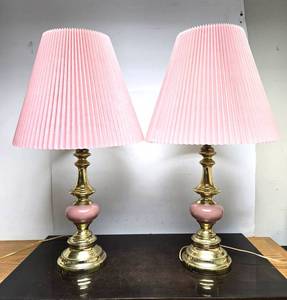 lot 306 image: Matching Pair Vintage Solid Brass & Pink Table Lamps wOriginal Crimped Shades