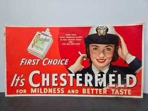 lot 394 image: Great Looking Original 1940s era CHESTERFIELD Cigarettes Paperboard Advertising Sign #1