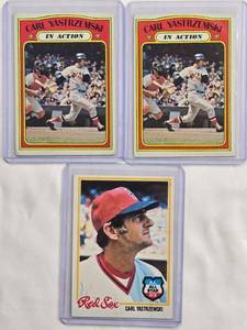 lot 35 image: Lot of 3 Carl Yastrzemski Baseball Cards - 2 In Action No. 38 and AL All Star No. 40