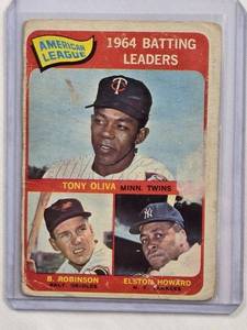 lot 42 image: Vintage Baseball Card of the 1964 Topps American League Batting Leaders Baseball Elston Howard, Tony Oliva, and Bobby Robinson 1965 Topps No. 1