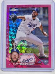 lot 53 image: Clayton Kershaw Pink Logoman Refractor 2023 Topps Chrome Limited Edition No. 77, Numbered 199199