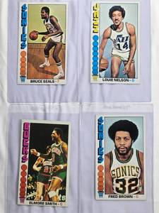 lot 121 image: Lot of 4 Vintage 1970s Basketball Trading Cards Bruce Seals, Louie Nelson, Fred Brown, Elmore Smith