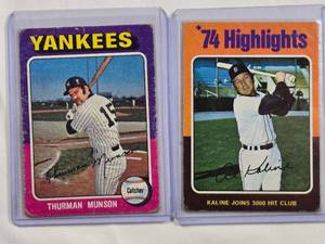 lot 162 image: Lot of 2 Vintage 1975 Topps Baseball Cards - Al Kaline 3000 Hits No. 4 & Thurman Munson No. 20