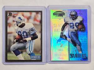 lot 182 image: Lot of 2 Barry Sanders Premium Inserts - 1999 Playoff Contenders No. 22, 1993 Bowman No. 140
