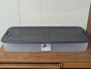lot 142 image: Sterilite 74qt Ultra Clear Under Bed Latch Box Clear Base Flat Gray Lid and Latches Portable Storage, Stackable, Plastic