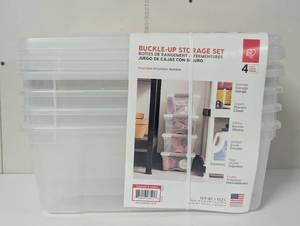 lot 40 image: IRIS Buckle Up Storage Set, 12.9 Quart, Clear, 4 ct
