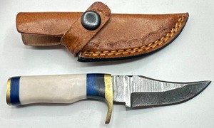 New 6 Damascus Steel Knife with Double Stitch Leather Sheath