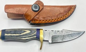 New 6 Damascus Steel Knife with Double Stitch Leather Sheath